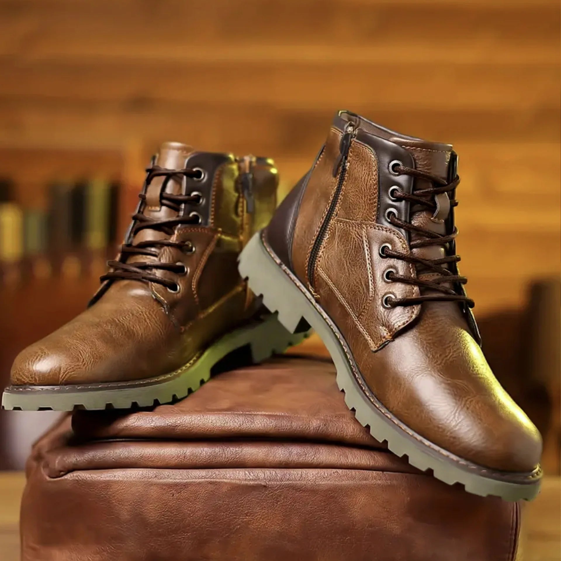 New men's leather shoes, retro British-style leather boots, fashionable high-top outdoor workwear style boots